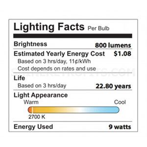 lighting facts for LEDone A19-60WE-9WD27K 9 Watt A19 Dimmable LED Light Bulb 2700K E26 showing lumen measurement